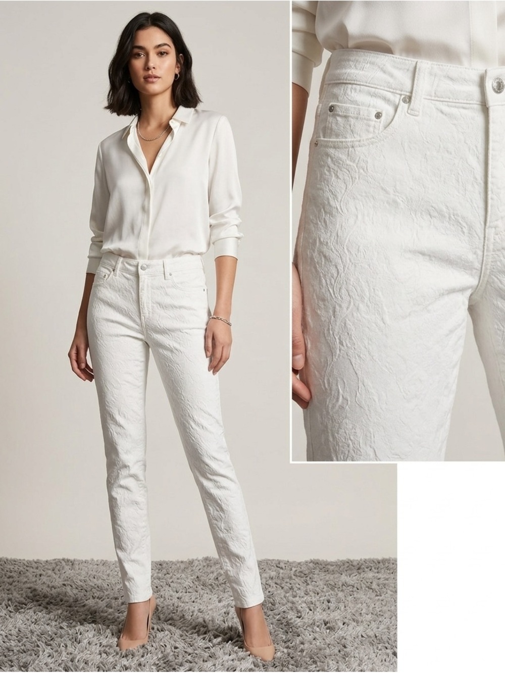 Cache White Floral Embossed/Textured Skinny Jeans